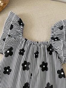 SHEIN 新生女嬰可愛夏季休閒粉色與白色條紋蝴蝶結連身褲 - 彩色 - 查看 8