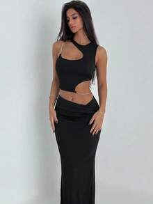 Ronhire Chain Detail Asymmetrical Crop Top Black Summer - Black - View 5