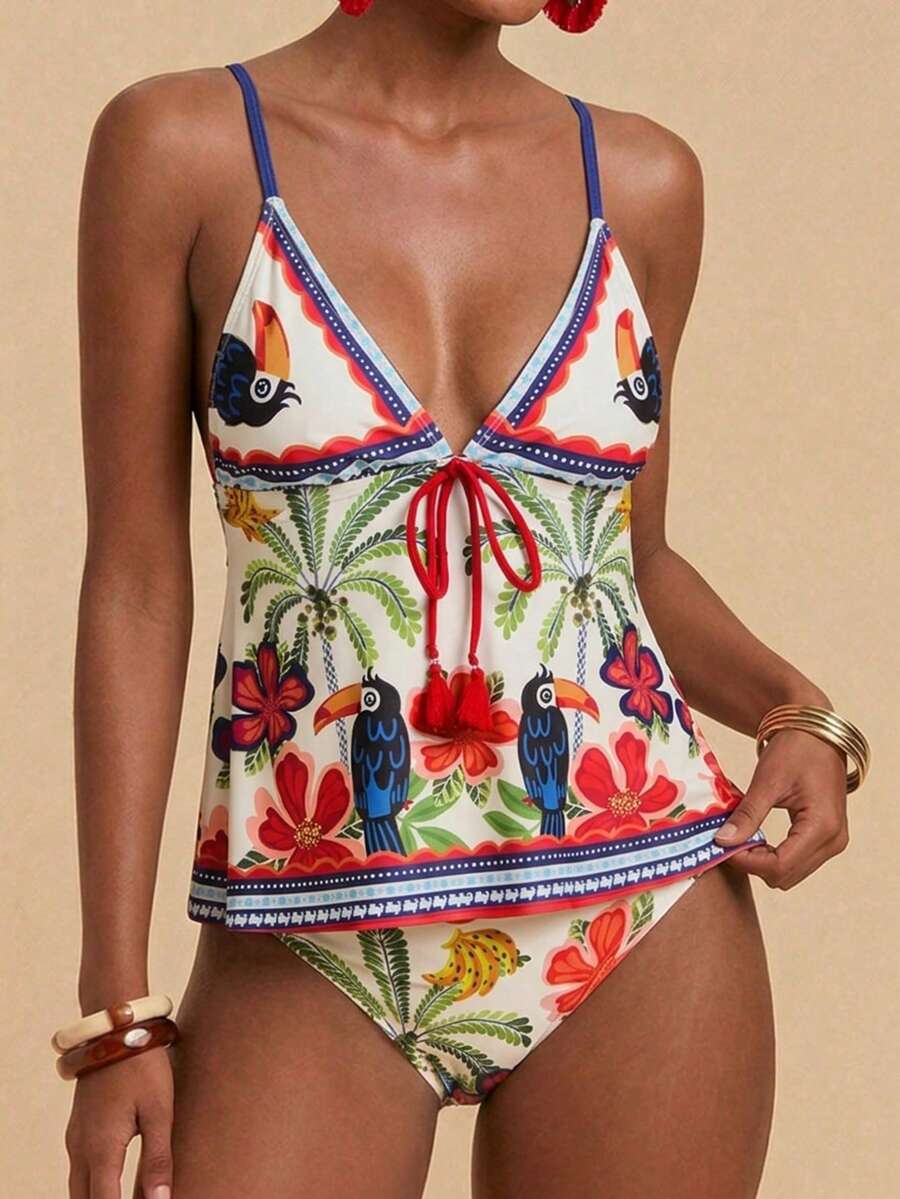 Travachic Women's Summer Beach Palm Tree Print Tankini Swimwear Set - Multicolor - View 1