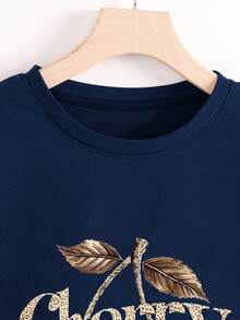 NostaNoir Fashion Versatile Leopard Cherry Print Navy Blue Round Neck Short Sleeve Women Top - Navy Blue - View 4