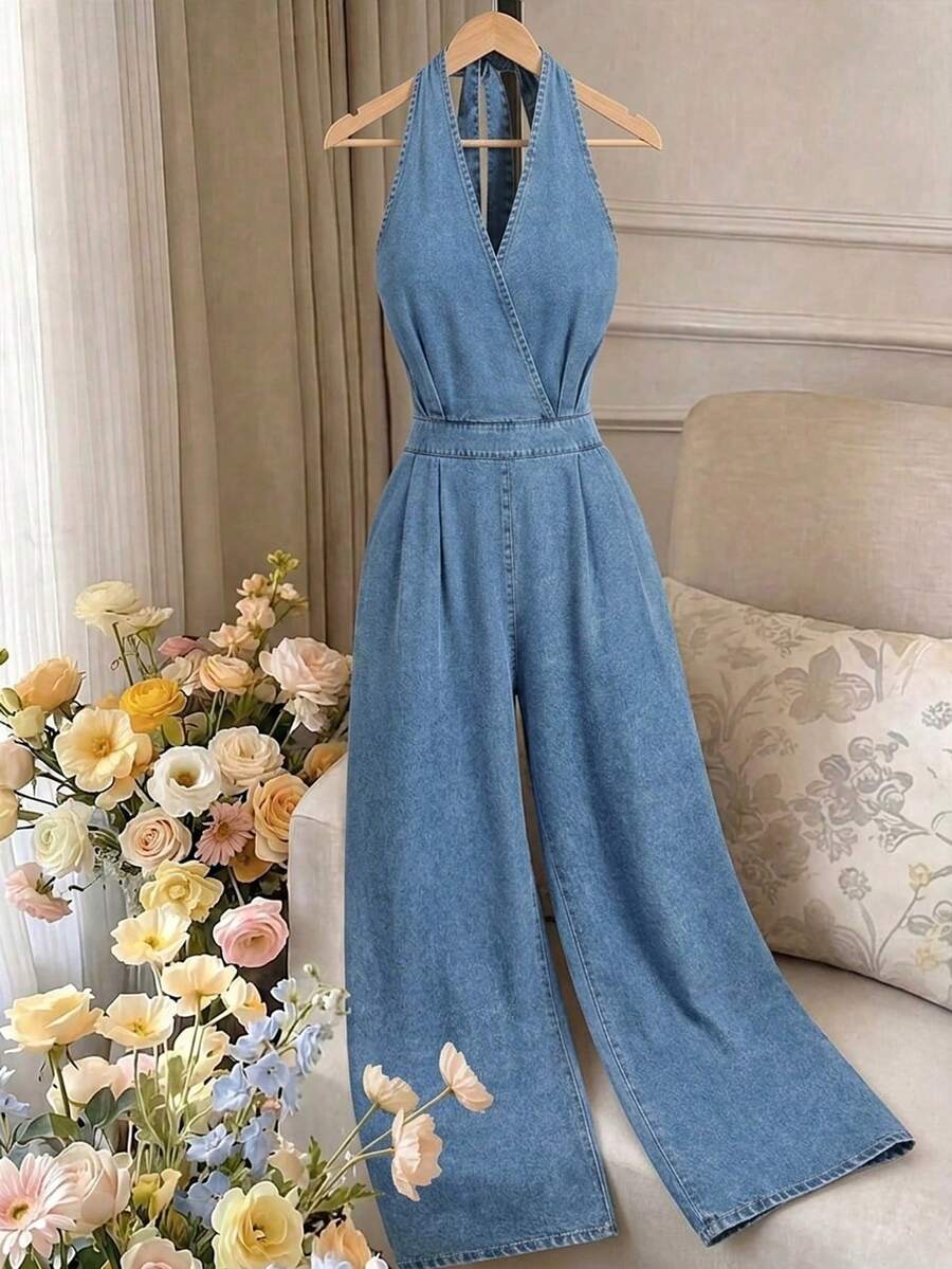 GlowEve Women's Backless Halter Denim Jumpsuit - Blue - View 1