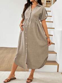 SHEIN 孕婦度假休閒前開鈕扣洋裝 - 灰色 - 查看 5