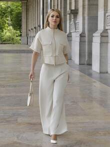 Elenary Edit Fashionable Short Utility Shirt, With Two Symmetrical Chest Pockets, Cinched Waist Design, Overall Neat And Practical Summer - Beige - View 3
