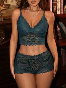 SHEIN Bộ 2 áo camisole ren gợi cảm và áo ngực không gọng - màu xanh lá - Xem 8