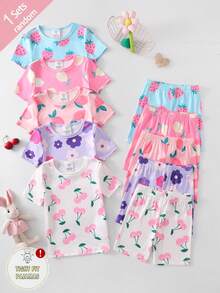 Young Girls Snug Fit Colorful Fruit Pajama Set With Lemon, Strawberry, Cherry & Flower Decor, Elastic Round Neck, Short Sleeve Shorts, Random 1 Set - Multicolor - View 1