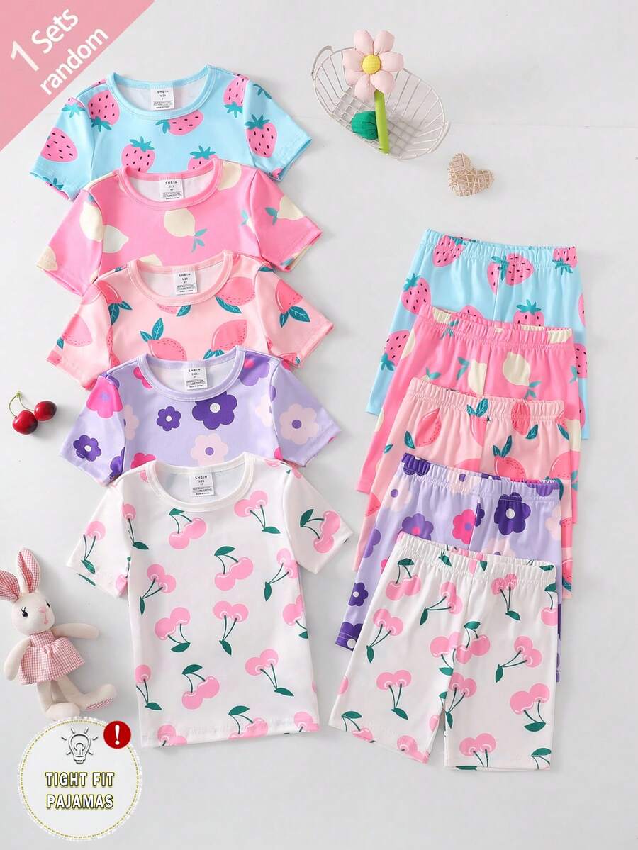 Young Girls Snug Fit Colorful Fruit Pajama Set With Lemon, Strawberry, Cherry & Flower Decor, Elastic Round Neck, Short Sleeve Shorts, Random 1 Set - Multicolor - View 1