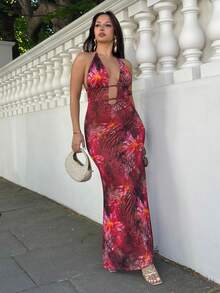 NegzBox Valentine's Day Birthday Beach Red Women's V-Neck Hollow-Out Ruffle Backless Dress, Knitted Mesh Printed Elegant Party Vacation Summer - Red - View 6