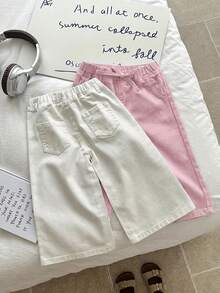SHEIN LMoss Kids 女嬰兩件式可愛牛仔寬鬆舒適寬腿長褲，春夏休閒度假鄉村波希米亞風，海灘、西部街頭風、春假、電音節牛仔中長褲，畢業季穿搭 - 彩色 - 查看 2
