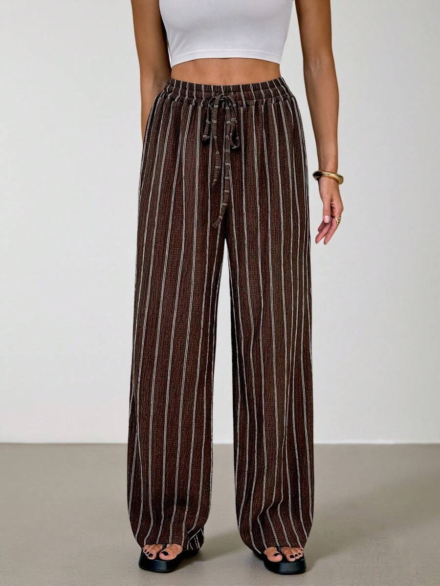 SHEIN Tall Women's Striped Drawstring Waist Wide Leg Loose Casual Pants, For Daily Wear, Suitable For Spring, Summer And Autumn, French Holiday, Tall Women - Brown - View 1