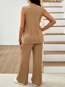 SHEIN 2pcs/Set Maternity Summer Casual Vacation Daily Commute Photoshoot Minimalist Versatile Solid Color Sleeveless Single-Breasted Vest And Pants - Khaki - View 2