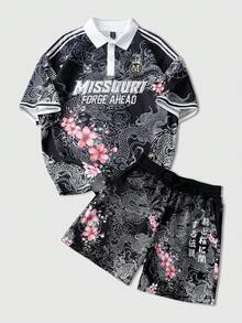 ROMWE MEN 男士字母龍圖案 Polo 衫與短褲休閒套裝 - 彩色 - 查看 7
