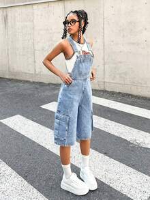 SHEIN 青少年女孩 Y2K 休閒純色水洗翻蓋口袋吊帶背帶牛仔褲工裝連身褲（不含背心），青少年女孩返校穿搭服裝 - 淺色水洗藍 - 查看 5