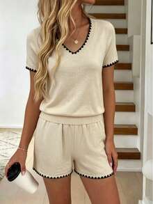 SHEIN Holidaya Women's Beige Knit Two Pieces Short Set,V-Neck Short Sleeve Top & Shorts,Black And White Striped,Summer,Elegant,Holiday,Vacation,Holiday,Retro French - Apricot - View 1
