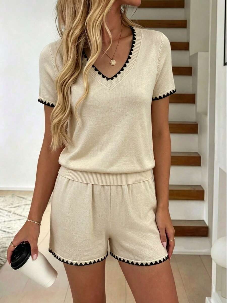 SHEIN Holidaya Women's Beige Knit Two Pieces Short Set,V-Neck Short Sleeve Top & Shorts,Black And White Striped,Summer,Elegant,Holiday,Vacation,Holiday,Retro French - Apricot - View 1
