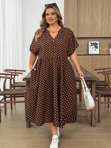 SHEIN CURVE+ Vestido de bebé talla grande para mujer, vestido holgado, vestido de verano de manga corta, ropa holgada y cómoda talla grande, vestido estampado, vestido casual de vacaciones, vestido casual para mujer, vestido casual de iglesia para mujer, vestido casual de maestra talla grande, falda de burbuja de otoño para mujer, vestido de trabajo, vestido de salida, vestido casual - Marrón - Ver 8