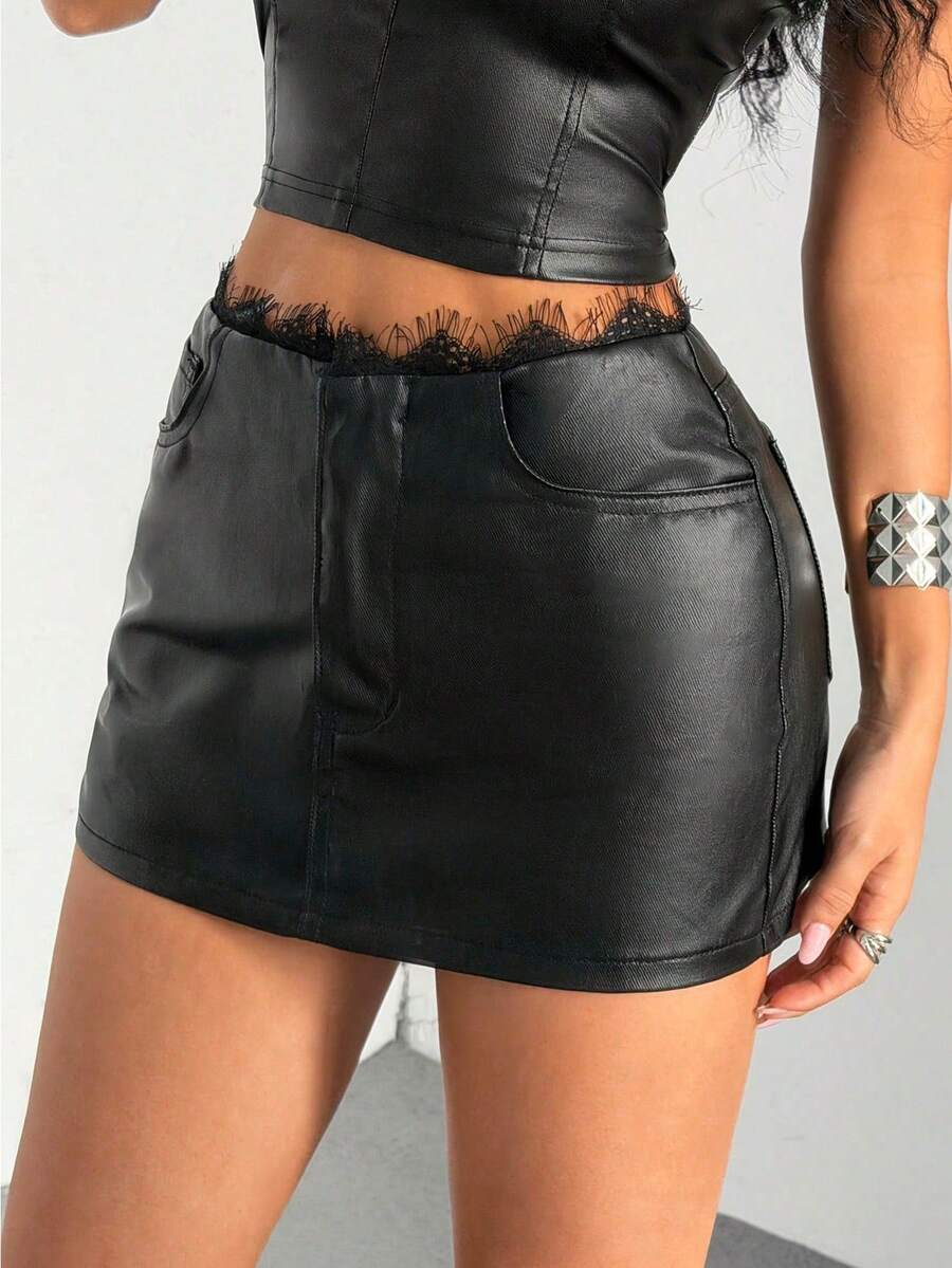 Jeanoix Minifalda con parches de encaje y revestimiento, estilo Y2K para mujer - Negro - Ver 1