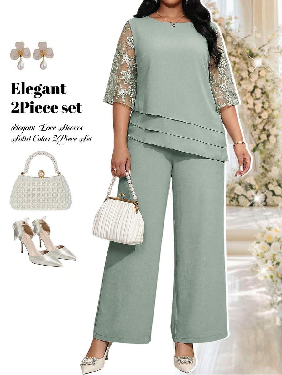 Fleurora Plus Size Women's Elegant Floral Embroidery Sheer Mesh Petal Sleeve Top And Wide Leg Pants 2-Piece Set, Spring/Summer Blouse And Pants Set Formal - Green - View 1