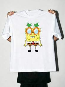 SpongeBob SquarePants | SHEIN Manfinity EMRG 男士卡通印花休閒可愛圖案街頭風百搭日常穿搭城市度假短袖T恤 白色夏季度假款 - 白色 - 查看 3