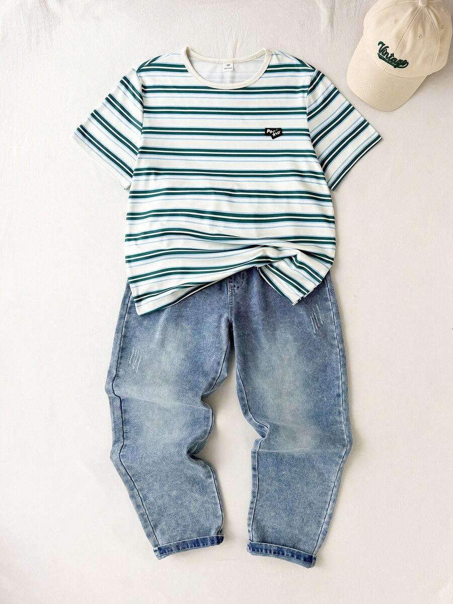 2pcs/Set Tween Boys Loose Casual Striped Print With Cute Patch Decor Top T-Shirt And Denim Long Pants Set, Fashionable, Suitable For Multiple Occasions, Daily Commute, Casual, Vacation - Multicolor - View 1