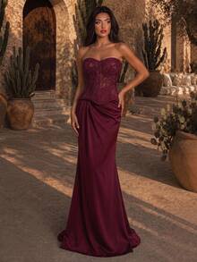 Glamrae Elegant Luxurious Jacquard Satin Patchwork Strapless Fishtail Dress With Ruched Sleeves,Suitable For Weddings,Parties,Balls And Formal Events - Burgundy - View 7