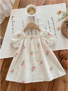 SHEIN LMoss Kids 女嬰編織花卉休閒方領泡泡袖洋裝，時尚款 - 彩色 - 查看 2