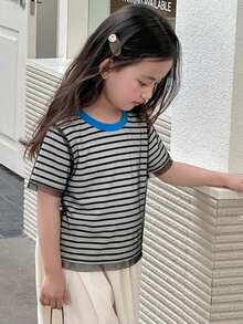 Dazy Kids 少女夏季休閒條紋短袖網紗雙層T恤 - 黑色 - 查看 5