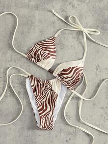 Swim Vcay Top bikini cu cupă triunghi și bretele halter, imprimeu zebră alb crem și maro, stil boem sălbatic, cu detalii din mărgele, șnur la spate și șnururi laterale, pentru vacanță de vară, insulă, festival de muzică, junglă, petrecere pe plajă, casual, exotic, relaxat, textură naturală, vintage, pentru tinerete energică, hot, îndrăzneț, încrezător, vibrant, photogenic - Maro - Vizualizare 7