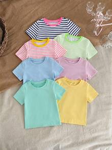 Random 2pcs, Girls Solid Color/Striped Soft Cotton-Feel Casual T-Shirts, Suitable For Summer, Back To School, Spring, Autumn, Winter Wear, Solid Color + Striped Design With Contrast Collar, American Style, Randomly Shipped 2pcs - Multicolor - View 4