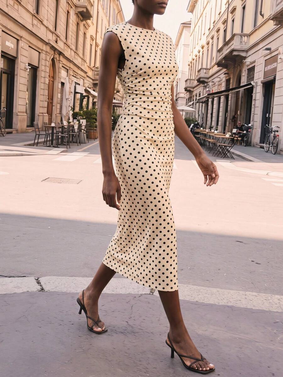 Maija Women's Polka Dot Print Ruched Sleeveless Dress - Apricot - View 1
