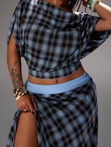Rustia Plus Size Spring/Summer Plaid Asymmetric Neck Top And Slit Skirt 2-Piece Set - Blue - View 8