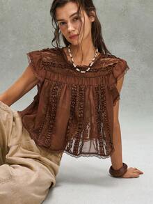 Bohemela Áo blouse nữ thanh lịch ren đục lỗ, phù hợp cho kỳ nghỉ xuân/hè - màu nâu - Xem 7