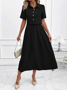 SHEIN Clasi Ny elegant 2-delad set för dam med skjorta och camisoleklänning i denimlook, lämplig för pendling och flera tillfällen - Svart - Visa 8
