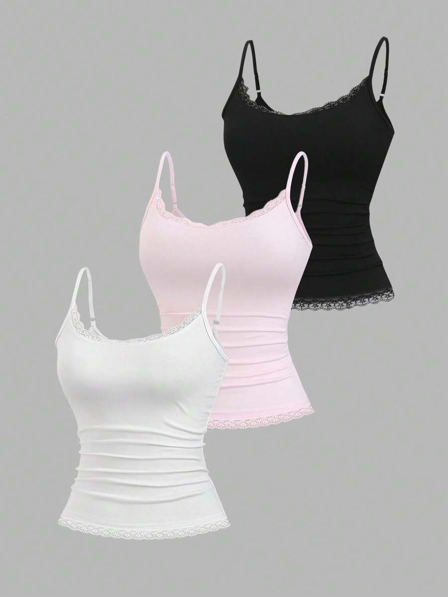 Sweetra Women's Solid Color Contrast Lace Ruffle Camisole - Multicolor - View 1