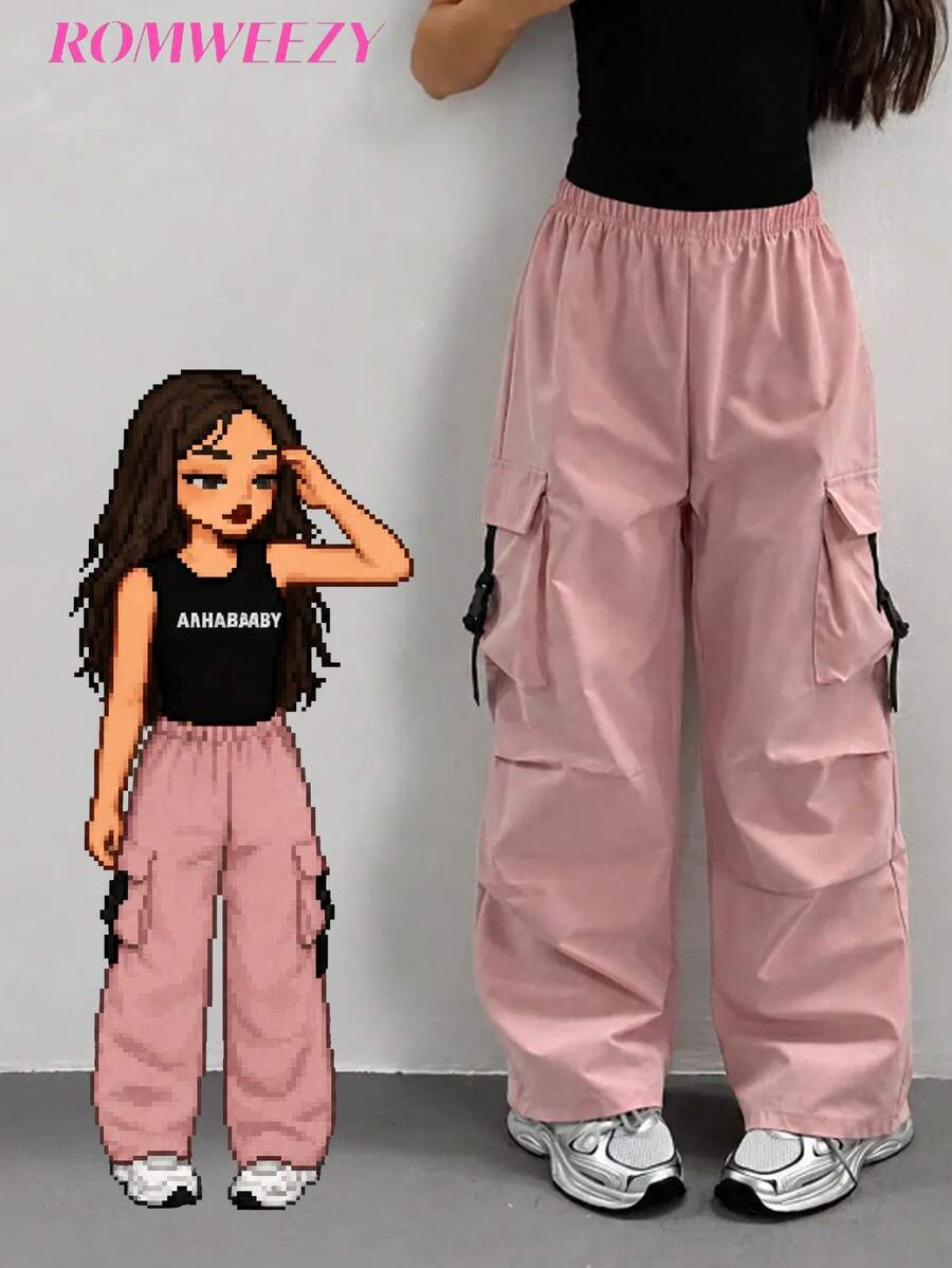 Pantalones cargo rectos de color liso para niñas preadolescentes - Rosa - Ver 1