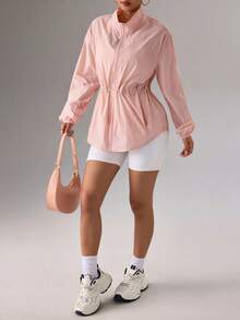 SHEIN Sports 女款輕量拉鍊抽繩腰身立領防曬外套，夏季 - 粉色 - 查看 5