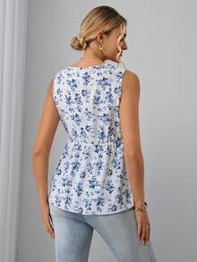 SHEIN Top de tirantes de maternidad cómodo, con cuello redondo, cordón ajustable y dobladillo con volantes, versátil y elegante de moda - Azul y blanco - Ver 2