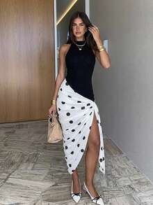 Siren Gaze Đầm nữ mùa hè kiểu dáng thường ngày, họa tiết chấm bi, vạt lệch, xếp ly, không tay. - Đen và trắng - Xem 3