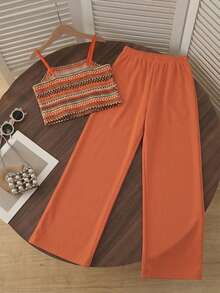 Tween Girls Vacation Bohemian Totem Floral Camisole Top + Loose Straight Leg Pants Woven Vest Set - Orange - View 2
