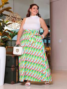 Wellenrocha Saia Larga Estampada em Estilo Pop Art Elegante para Férias, Adequada para Férias, Encontros, Saia de Verão para Mulheres, Saia de Praia para Férias da Primavera, Saia Casual Verde para Saída, Saia Longa Maxi de Praia Multicolorida, Roupa de Resort para Curvas, Saia Modesta de Praia, para Formato de Pêra e Triângulo - Multicolorido - Visão 5