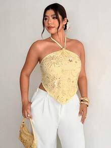 Firerie Sexy Fairy Backless Sequin Spaghetti Strap Tie-Up Top, Butter Yellow Summer, Women's Bow Tie, Metal Detail Asymmetric Hem Camisole, Spring Apparel - Light Yellow - View 4