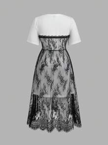 SHEIN MOD 2合1黑白對比無肩帶蕾絲短袖洋裝，浪漫大尺碼女裝 - 黑與白 - 查看 3