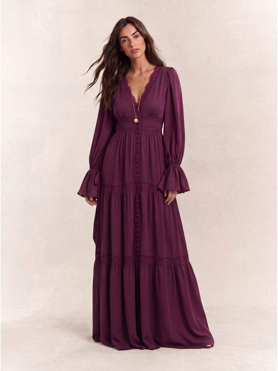 Willow Rêve Dark Purple V-Neck Lace Trim Chiffon Flowy Long Maxi Dress, Elegant Vacation Holiday Boho Style - Burgundy - View 1