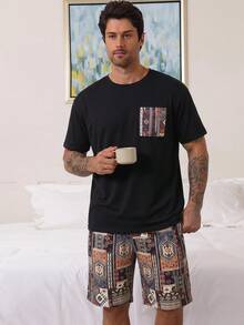 DAZY Summer Multi-Color T-Shirt With Pockets Paired With Dark Grey Shorts, Men's Casual Homewear Set - Multicolor - View 4