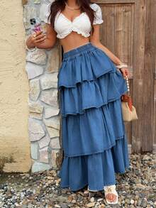 SHEIN Women's Elastic Waist Pleated Casual Versatile Date & Outing Denim Skirt - Blue - View 1