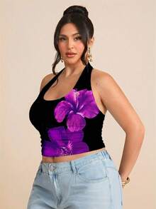 SHEIN BAE Áo nữ size lớn mùa hè cổ yếm họa tiết hoa/Áo mùa hè/Áo lễ hội âm nhạc/Áo đi biển,Áo màu đen - màu đen - Xem 3