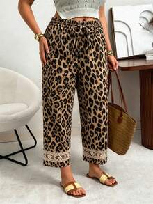 Ceyna Leoparden-Muster Loose Fit Hose mit Blumen-Spitze und Kordelzug, vielseitig für Frühling & Sommer, Große Größen - Verschiedenfarbig - Übersicht 3
