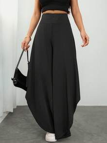 SHEIN PETITE Women's Asymmetrical Loose Long Pants, Suitable For Spring/Summer, Graduation And Fall - Black - View 7