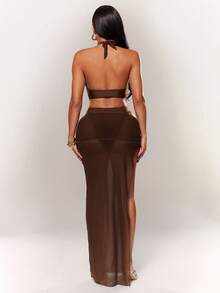 Radiana Conjunto de bikini marrón elegante y sexy para mujer, traje de baño de una pieza con decoración de anillo metálico y falda de malla transparente de 2 piezas, conjunto de bikini sexy, ropa de playa, conjunto de vacaciones, conjunto de cobertura de malla transparente, conjunto de cobertura de bikini sexy, conjunto de cobertura de traje de baño, conjunto de cobertura de playa, conjunto de vestido largo de playa, conjunto de traje de baño de vacaciones en isla, adecuado para playa, vacaciones, noche, fiesta, reunión, bar de playa, club náutico, look de vacaciones en isla, look sexy de playa, look de vacaciones, look de piscina - Marrón - Ver 4