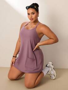 Easithlete Plus Size Women's Summer Minimalist Solid Color Patchwork Pocket Racerback Sports Dress - Dusty Purple - View 7