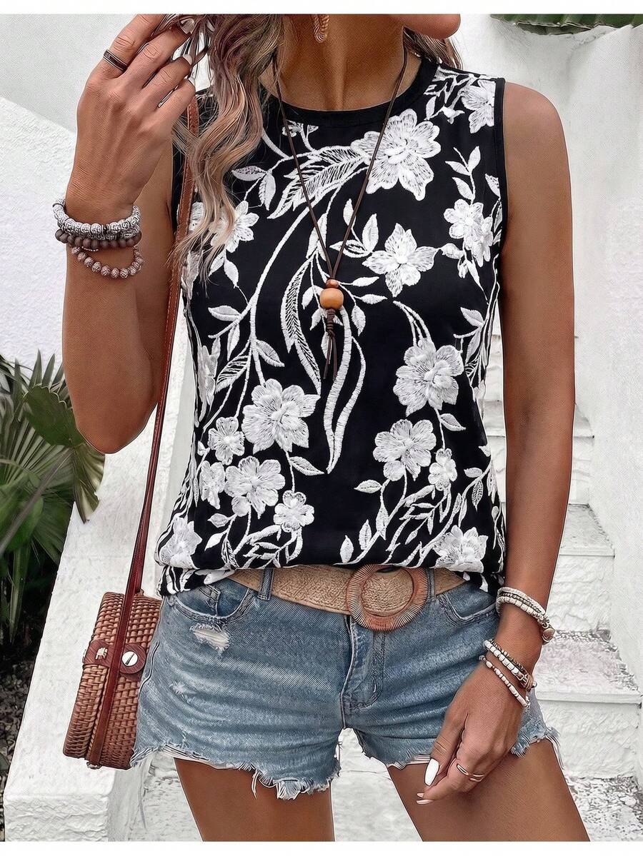EMERY ROSE Camiseta de tirantes casual de mujer con cuello y puños de color contrastante, bordado falso y estampado digital - Multicolor - Ver 1